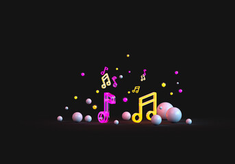 Musical glowing notes close-up. 3d render on the theme of music, musical instruments, discos. Modern minimal style, dark background.
