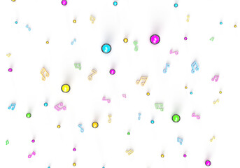 A pattern of musical notes and glowing balls on a transparent background with the text music. 3d render on the theme of music, musical instruments, discos.