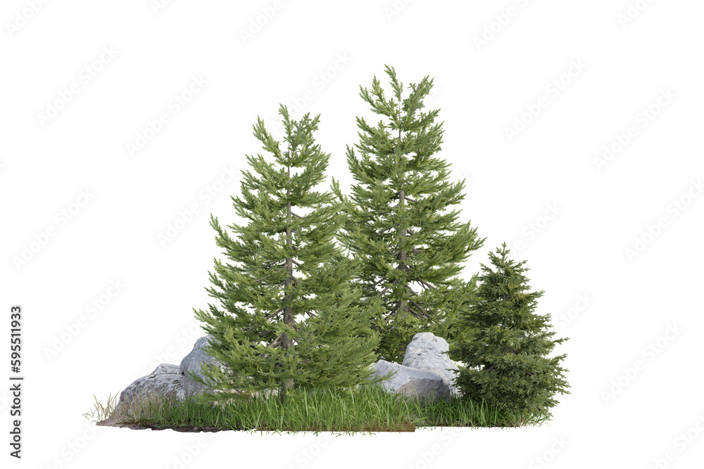 Poster isolated unique tree small forest with small rock and small grass field, 3d illustration rendering