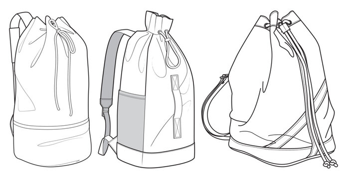 Set of drawstring Backpack bag flat sketch fashion illustration drawing template mock up, Backpack cad drawing. Bucket bag backpack flat sketch vector