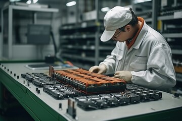 Sodium battery manufacturing in a factory. Worker on car battery production line created by generative AI