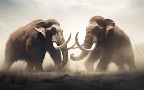 Dramatic representation of two wooly mammoths fighting. 