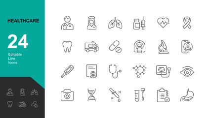 Healthcare Line Editable Icons set. Vector illustration in modern thin line style of medical icons:  instruments, research, organs, tests, and bacteria. Pictograms and infographics for mobile apps