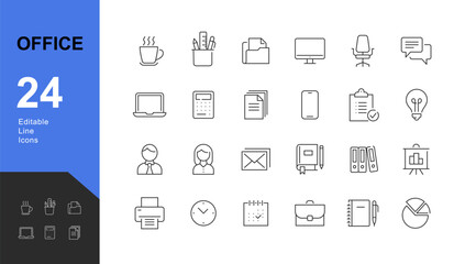 Office Line Editable Icons set. Vector illustration in modern thin line style of business icons: work supplies, gadgets, folders, documents, and graphics. Pictograms and infographics for mobile apps.