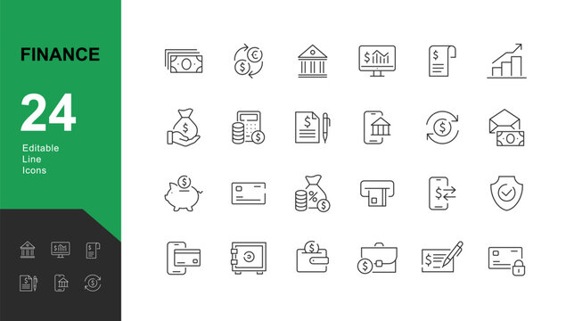 Finance Line Editable Icons set. Vector illustration in modern thin line style of money and finance operations: currency exchange, savings, operations with bank cards. Pictograms and infographic.