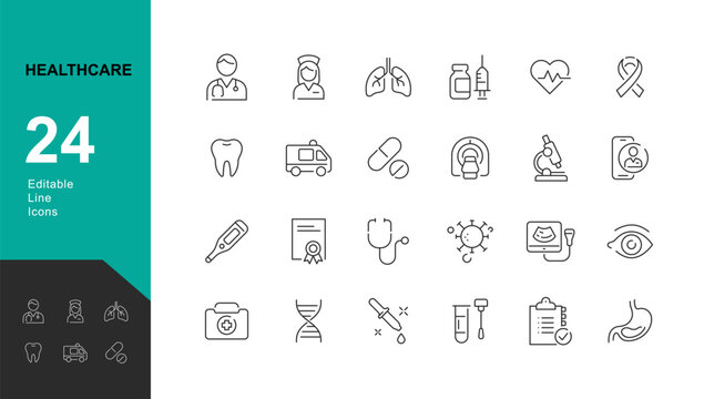 Healthcare Line Editable Icons set. Vector illustration in modern thin line style of medical icons:  instruments, research, organs, tests, and bacteria. Pictograms and infographics for mobile apps