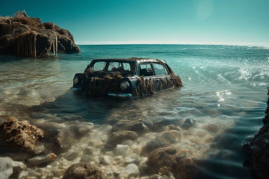 AI-generated Art Of Sunken Car In Mediterranean Sea. Generative AI