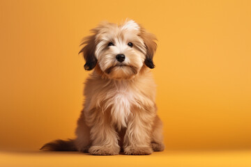 Portrait of Beautiful happy reddish havanese puppy dog on the orange background with copy space. High quality photo