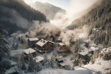 Mountain avalanche engulfs cluster of homes in blizzard. Generative AI