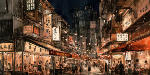  Hong Kong, Hong Kong, night market , watercolour collage, generated by ai