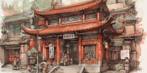 Fototapeta premium Hong Kong, Hong Kong, temple , watercolour collage, generated by ai 