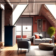 Grey attic living room interior with sofa
