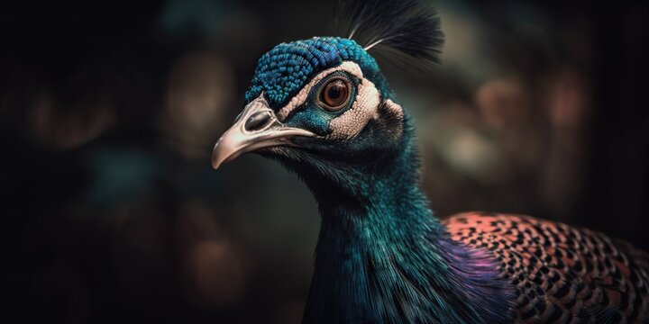 Close up photo of Peafowl bird on forest background. Generative AI