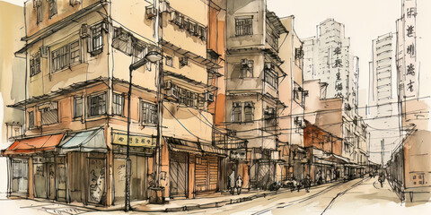  Hong Kong, Hong Kong, old building, watercolour collage, generated by ai

