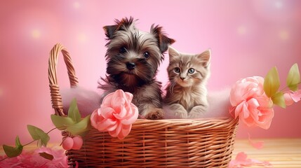 A kitten and a little dog in a basket with spring flowers and valentine hearts pink gradient background with green plants