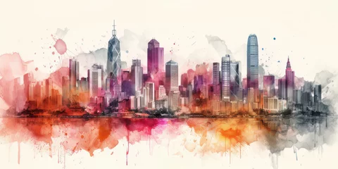 Fotobehang Aquarelschilderij wolkenkrabber  Hong Kong, Victoria Harbor skyline, watercolour collage, generated by artificial intelligence 
