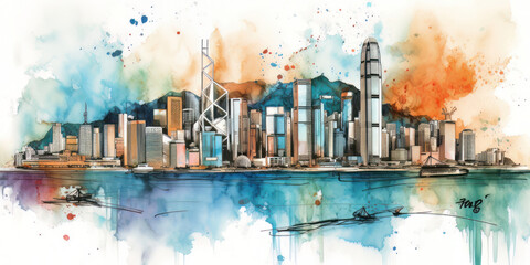  Hong Kong, Victoria Harbor skyline, watercolour collage, generated by artificial intelligence
