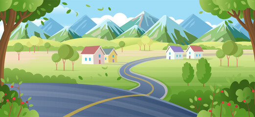 Suburb houses with road and city buildings on skyline in summer. Landscape with winding road, suburban houses and skyscrapers on the horizon.village, beautiful nature, clean air.  Vector cartoon style