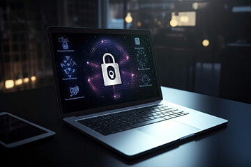 Laptop with a padlock symbol, personal data protection at home, evening, dark scene