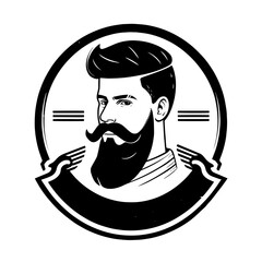 round logo for barber shop, haircut service, handsome face young man head with beard and mustache, hairstyle stylist, black, white background, hand drawn art illustration, vector, brand icon,old style