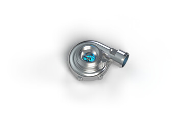 Turbine for the car engine. Blue, cold airflow. 3d rendering on the topic of speed, car, movement, spare parts. Transparent background.