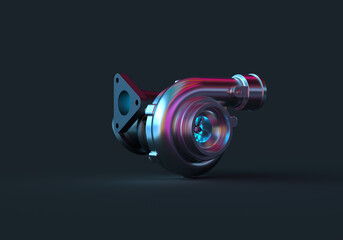 Turbine for the car engine. Blue, cold airflow on a dark background. 3d rendering on the topic of speed, car, movement, spare parts.
