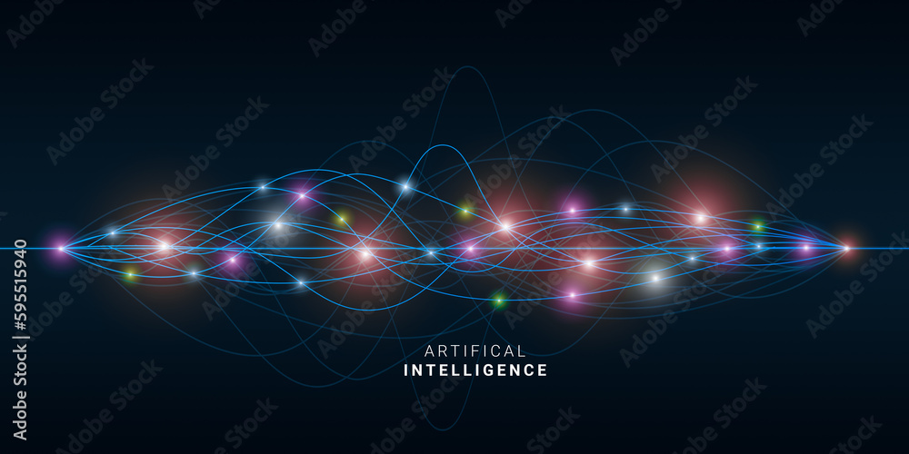 Poster Artificial Intelligence. AI Neural Network Lines, Digital Wave With Gloving Connection Dots