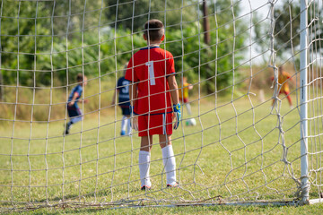 Soccer goal and goalkeeper in the foreground