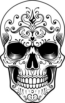 A skull decorated with abstract patterns and engraved woodcut etching design like a classic tattoo. Could be a Mexican Day of the Dead Dia de los Muertos skull.