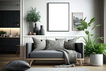 Mockup mit vertikalen Bilderrahmen im grauen Wohnzimmer als Hintergrund. Ideal als Präsentation für Produkte wie Poster, Gemälde, Leinwände oder Wandbilder. Leerer Rahmen für Fotos. Generativ KI