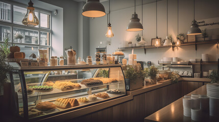 coffee shop with a salad bar and a bakery, modern decor, professional colour grading, soft shadows, clean sharp focus, no contrast, detailed features, cinematic lighting, advert photography