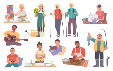 Set of characters addicted to different hobbies. Talented people are engaged in various activities, crafts, arts and pleasant pastimes