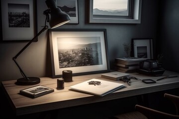 Desk with mug and empty picture frame. Computer generated image. Generative AI