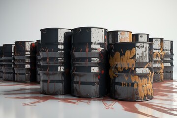 3D rendering of isolated oil barrels on white background. Generative AI