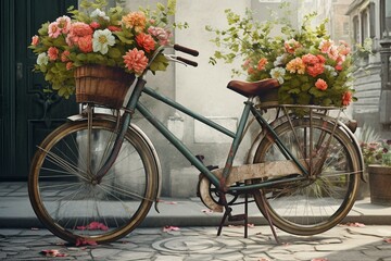 Naklejka na ściany i meble Illustration of a bike with a basket of flowers. Generative AI