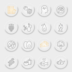 Keto diet line icon set, ketogenic symbols collection, vector sketches, neumorphic UI UX buttons, ketogenic diet icons, food signs linear pictograms, editable stroke