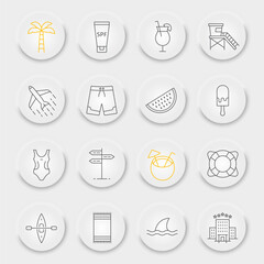 Summer line icon set, travel symbols collection, vector sketches, neumorphic UI UX buttons, beach icons, tourism signs linear pictograms