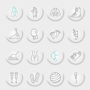 Rehabilitation line icon set, therapy symbols collection, vector sketches, neumorphic UI UX buttons, physiotherapy signs linear pictograms