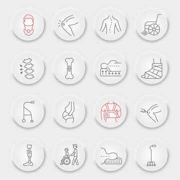 Rehabilitation line icon set, therapy symbols collection, vector sketches, neumorphic UI UX buttons, physiotherapy signs linear pictograms
