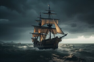 Obraz na płótnie Canvas Pirate ship confronting raging thunderstorm with bravery. Generative AI