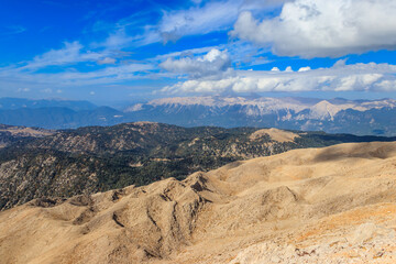 View of the Taurus mountains from a top of Tahtali mountain near Kemer, Antalya Province in Turkey