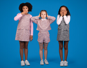 Fototapeta premium Skared serious teen african american and european girls cover mouth, eyes and ears with hands