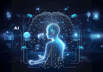 AI - Artificial intelligence. Ai digital brain. concept. Human face made with artificial intelligence