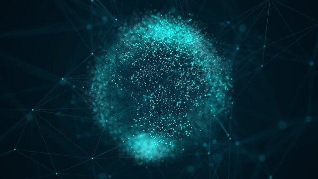 Virtual planet Earth with particles and lines. Network connection big data. Animation of nuclear and atomic explosion of the planet. Abstract technology blue background. 3D rendering.