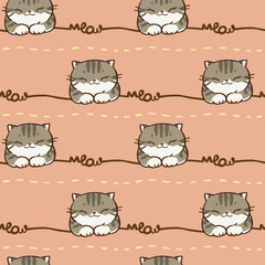 Seamless Pattern with Cartoon Cat Face and Wavy Line Design on Light Brown Background