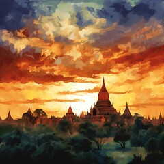 The Skyline Of Bagan Ttemple Sunset - Masterpiece Of Van Gogh Style