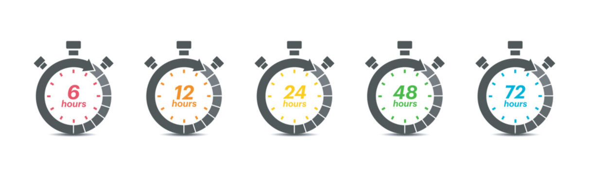 6, 12, 24, 48, 72 hours clock arrow icon thin lines Flat Icon Solid style. delivery service time icons,online deal remaining time web site symbols. Vector illustration