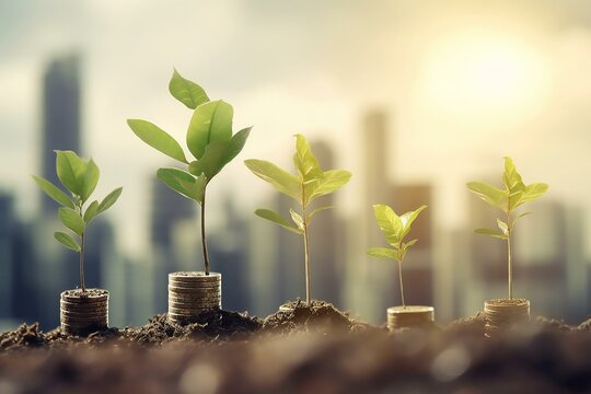 Coins in soil with young plant. Finance And Investment, Money growth concept. Sustainable green energy concept. Generative AI