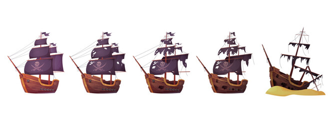 Pirate ship before and after sea battle set vector illustration. Cartoon isolated new galleon with skull and crossbones on sails and old corsair boat after shipwreck with broken deck and torn flag