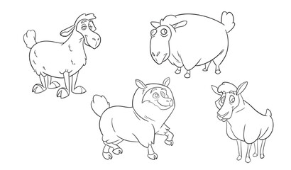 Cute sheep set. Kids coloring page. Hand drawn vector illustration. Black and white clip art. Doodle style. Outline vector illustration for coloring book. Vector sheet icon.